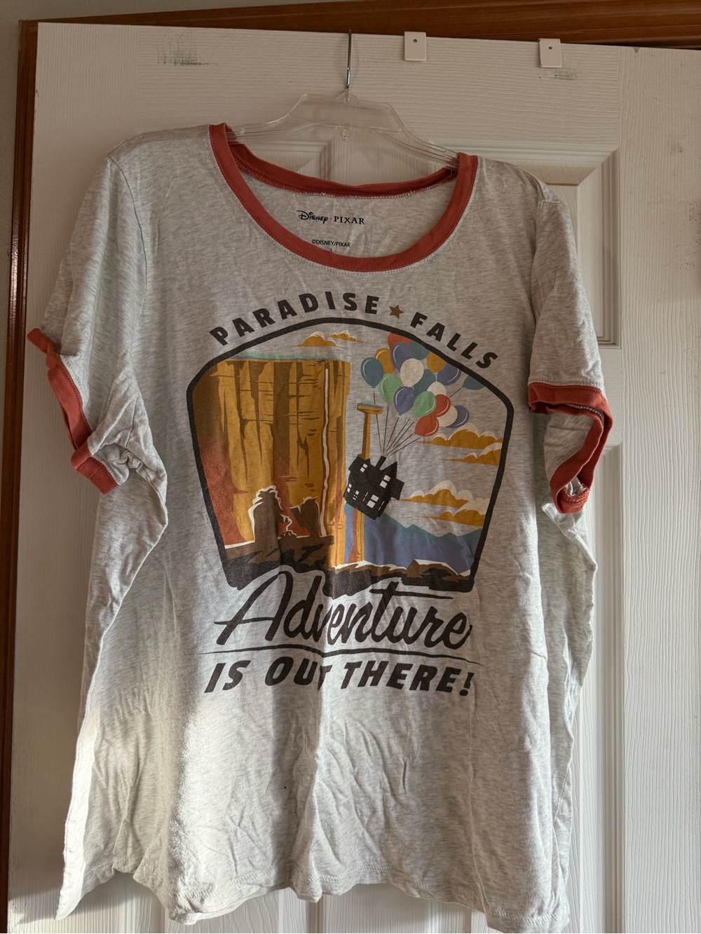 Disney UP womens Ringer Tee - Light Gray with Rust Trim